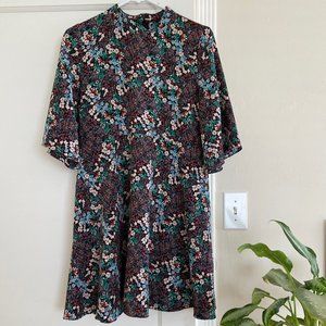 Zara Floral Midi Dress with Mock Neck and Flared Bell Sleeves